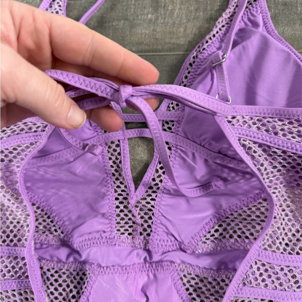 NEW BECCA  Mesh Plunge Neck One Piece Purple Swimsuit - Picture 5 of 8